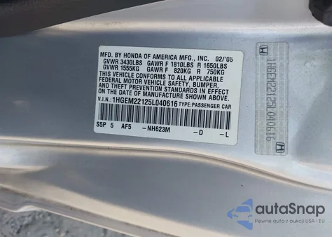 2005 Honda Civic Vp z USA, uszkodzony, nr VIN 1HGEM22125L040616